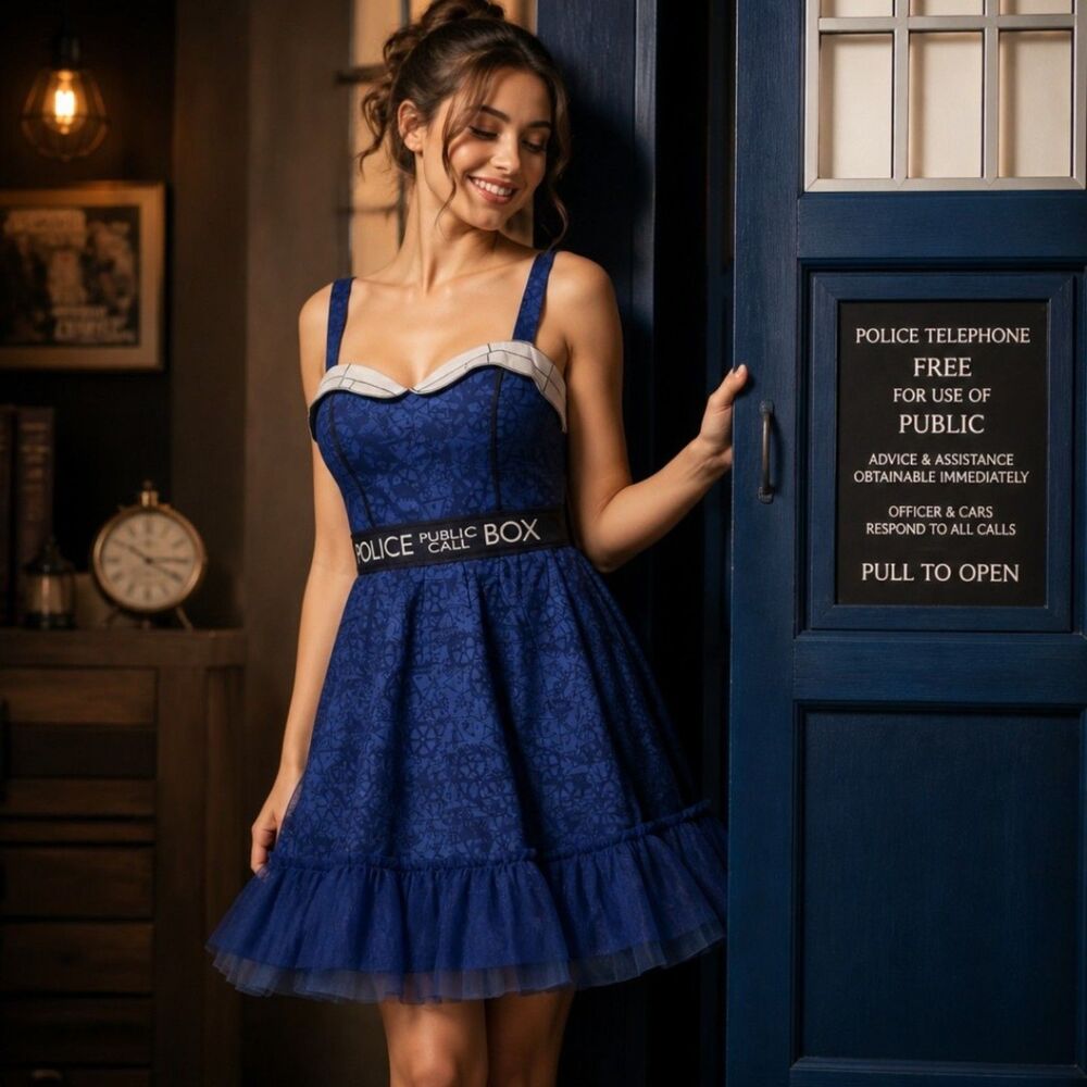 NWT Hot Topic Doctor Who BBC Blue Tardis Call Box Dress Size L